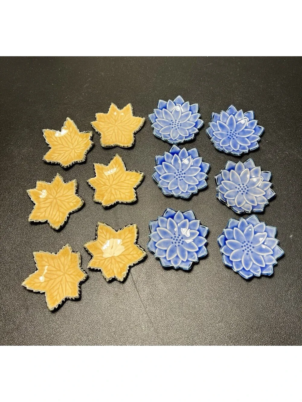 Kotobuki Japan 1970s 12 Crackle Glaze Soy Sauce Dishes Maple Leaf & Lotus, 2.5”